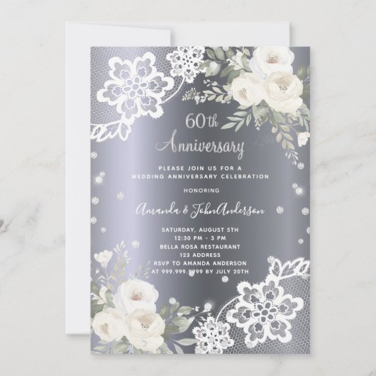 Zilveren witte bloemetjes 60e trouwdag kaart (Voorkant)