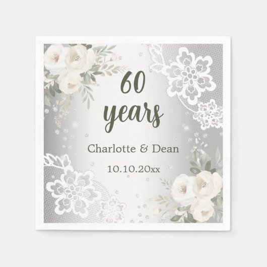 Zilveren witte bloemetjes 60e trouwdag servet (Voorkant)