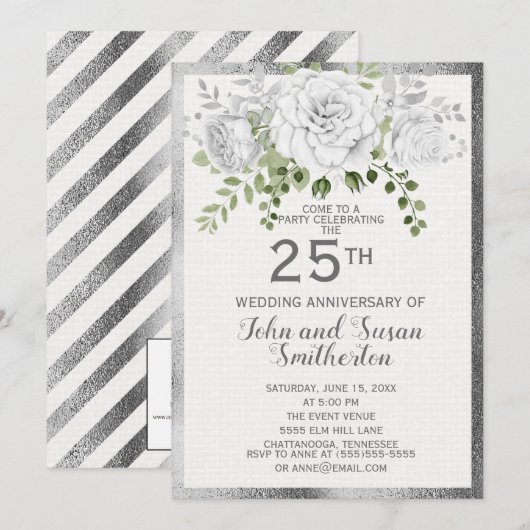 Zilveren Witte Bloemige 25e Huwelijksverjaardag Kaart (Voorkant / Achterkant)