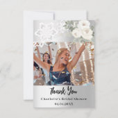 Zilveren witte bloemrijke kanten Bruids Shower fot Bedankkaart (Voorkant)