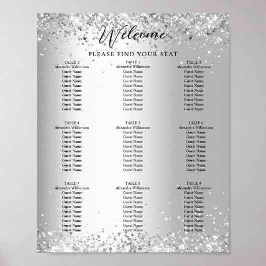 Zilveren witte bruiloft zitkaart poster (Voorkant)