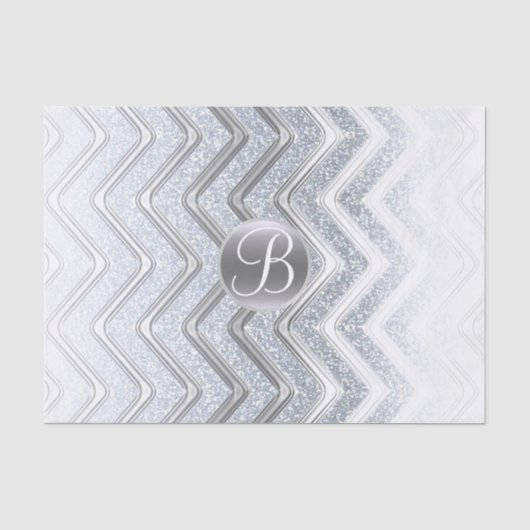 Zilveren Witte Chevron Glans Monogram Letter Initi Tissuepapier (Voorkant)