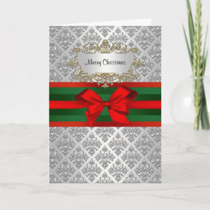 zilveren witte Damask 3 Red Green Ribbn Xmas Feestdagen Kaart