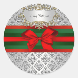  zilveren witte Damask 3 Red Green Ribbn Xmas Ronde Sticker