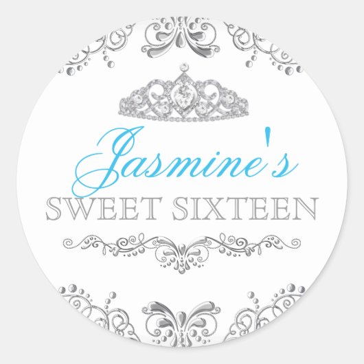 Zilveren Witte Damast & Tiara Sweet 16 Sticker (Voorkant)