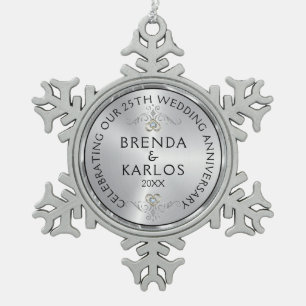 Zilveren & witte diamanten 25e bruiloft Jubileum S Tin Sneeuwvlok Ornament