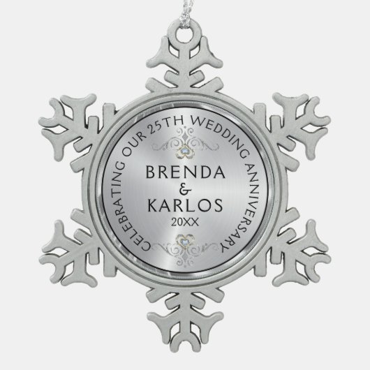 Zilveren & witte diamanten 25e bruiloft Jubileum S Tin Sneeuwvlok Ornament (Voorkant)