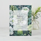 Zilveren, witte en bos groene bloemenbruiloft kaart (Staand voorkant)