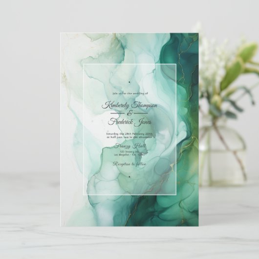 Zilveren, witte en bos groene inkt bruiloft kaart (Staand voorkant)