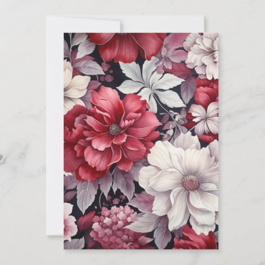 Zilveren, witte en dieprode bloemenbruiloft kaart (Achterkant)