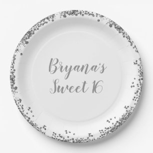 Zilveren Witte Glitter Glam Rand Sweet 16 Feest Papieren Bordje