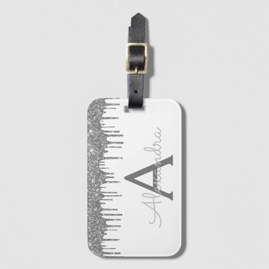 Zilveren Witte Glitter Glans Monogram Naam Bagagelabel (Voorkant (verticaal))