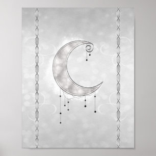 Zilveren Witte Halvemaan Sterren Verloving Feestje Poster