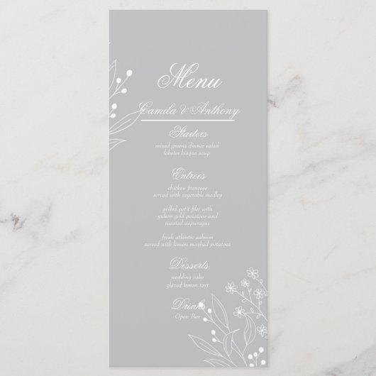 Zilveren witte hoek Floral Boho bruiloft Menu (Voorkant)