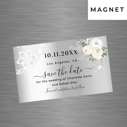 Zilveren witte kant bruiloft Save the Date magneet