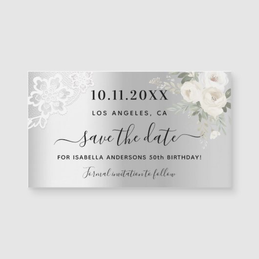 Zilveren witte kant verjaardag Save the Date-magne (Voorkant)