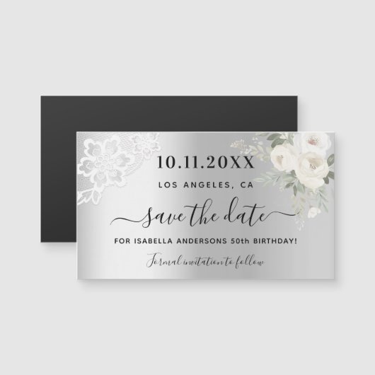 Zilveren witte kant verjaardag Save the Date-magne (Voorkant / Achterkant)