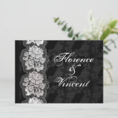Zilveren witte kant, zwarte damast Bruiloftsuitnod Kaart (Staand voorkant)