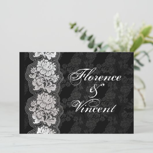 Zilveren witte kant, zwarte damast Bruiloftsuitnod Kaart (Staand voorkant)