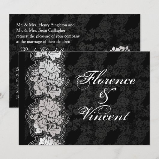 Zilveren witte kant, zwarte damast Bruiloftsuitnod Kaart (Voorkant / Achterkant)