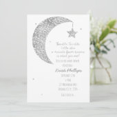 Zilveren Witte Maan & Sterren Baby Douche Uitnodig Kaart (Staand voorkant)