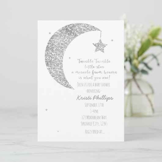 Zilveren Witte Maan & Sterren Baby Douche Uitnodig Kaart (Staand voorkant)