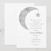 Zilveren Witte Maan & Sterren Baby Douche Uitnodig Kaart (Voorkant / Achterkant)