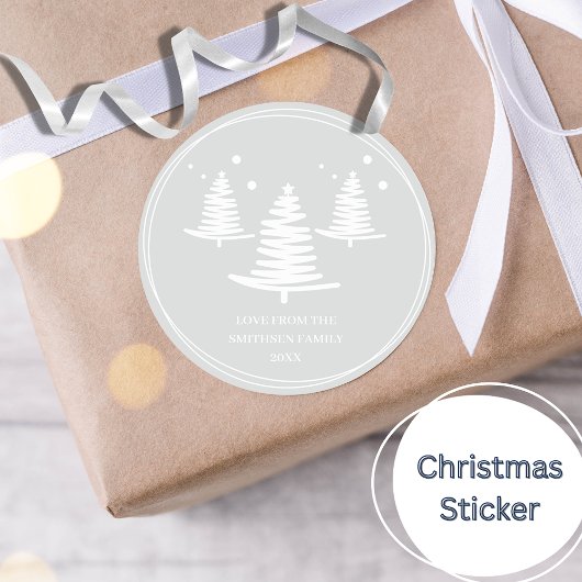 Zilveren witte minimalistische kerstbomen ronde sticker