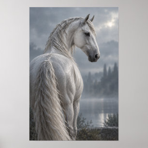 Zilveren Witte Paard door Misty Lake Equestrian Wa Poster