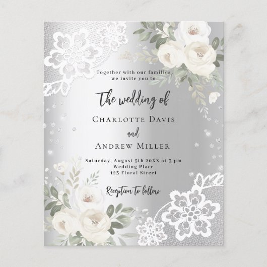Zilveren witte rozen diamanten bruiloft uitnodigin (Voorkant)