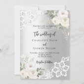 Zilveren witte rozen groen bruiloft kaart (Voorkant)