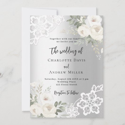 Zilveren witte rozen groen bruiloft kaart (Voorkant)