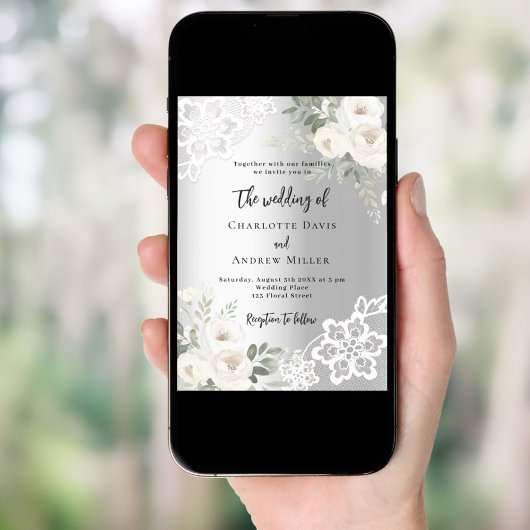 Zilveren witte rozen groen bruiloft kaart