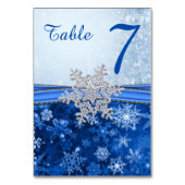 Zilveren witte sneeuwvlok op blauwe tafelnummerkaa kaart (Voorkant)