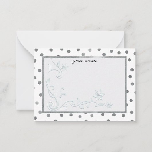 zilveren witte, stijlvolle monogrammen notitiekaartje (Voorkant)