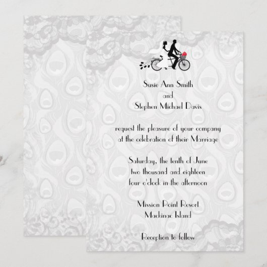 Zilveren Witte Tandem Fiets Huwelijksuitnodiging Kaart (Voorkant / Achterkant)