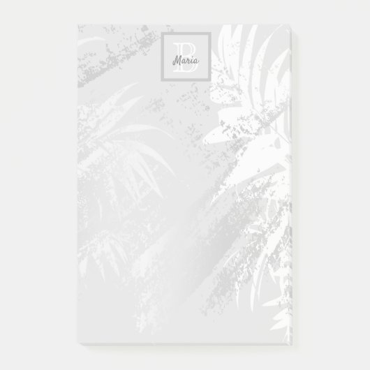 Zilveren witte tropische palmbladeren monogram post-it® notes (Voorkant)