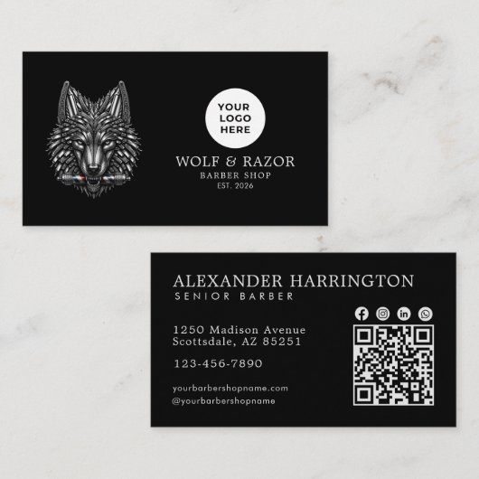 Zilveren Wolf Professionele Kapper Logo Qr Code Visitekaartje (Voorkant / Achterkant)