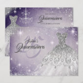 Zilveren Zachte Paarse Kant Diamant Gown Quinceane Kaart (Voorkant / Achterkant)