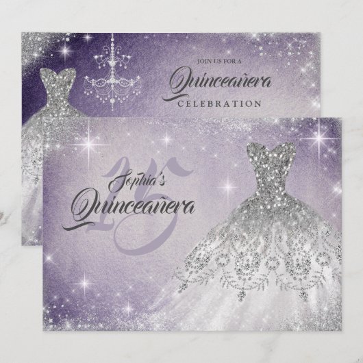 Zilveren Zachte Paarse Kant Diamant Gown Quinceane Kaart (Voorkant / Achterkant)