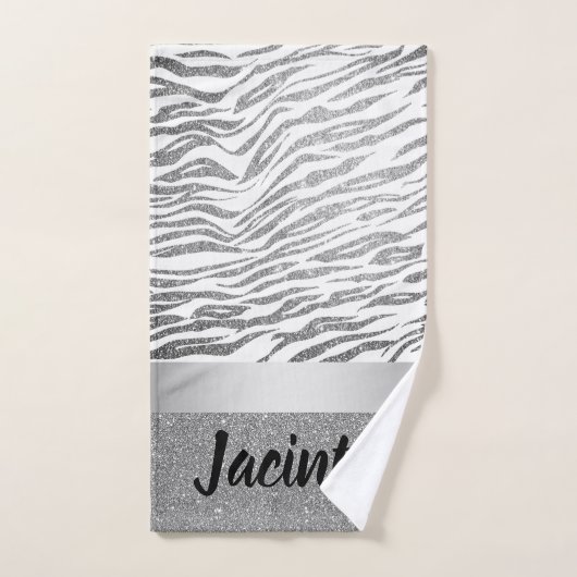 Zilveren Zebra Print Glitter gepersonaliseerd Bad Handdoek (Handdoek)
