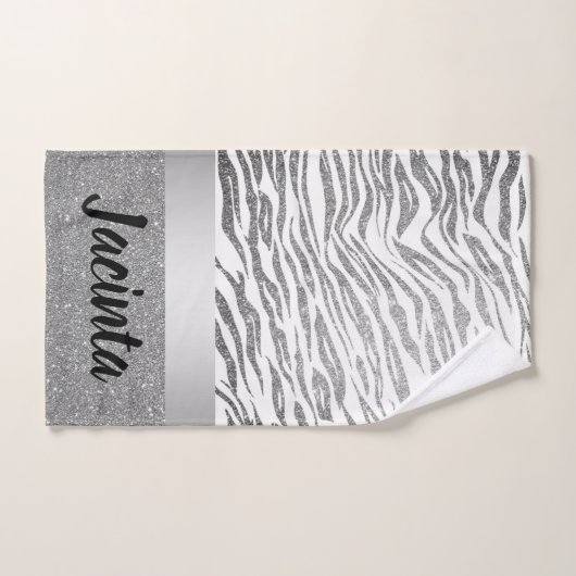Zilveren Zebra Print Glitter gepersonaliseerd Bad Handdoek (Handdoek)