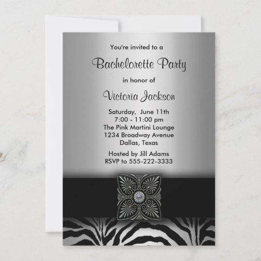 Zilveren Zebra vrijgezellenfeest uitnodigingen (Achterkant)