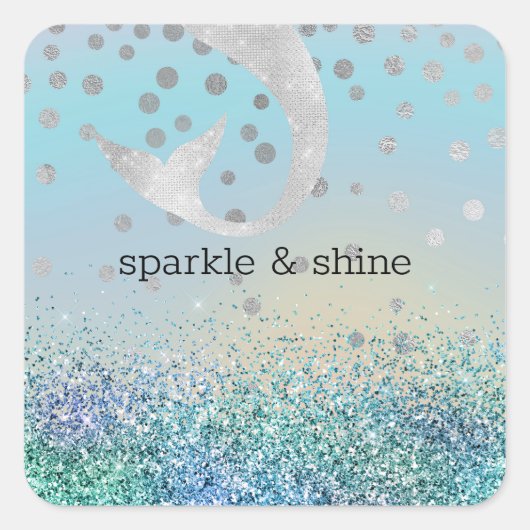 Zilveren Zeemeermin Aqua Mint Paarse Glitter Spark Vierkante Sticker (Voorkant)