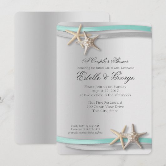 Zilveren zeester en lint paar douche kaart (Voorkant / Achterkant)