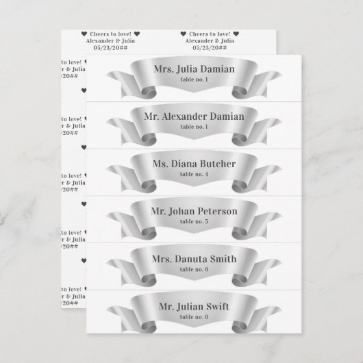 Zilveren Zijde Lint Banner Trouwplaats Kaarten (Voorkant / Achterkant)