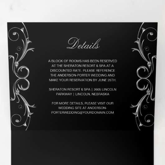  zilveren zilverdraden op het zwarte huwelijk drieluik uitnodiging (Binnenzijde eerst)