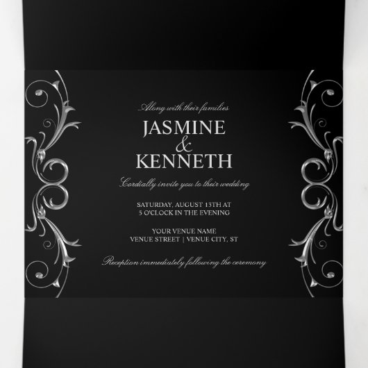  zilveren zilverdraden op het zwarte huwelijk drieluik uitnodiging (Binnenkant midden)