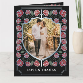 Zilveren Zwaard Schild Fantasy Monogram Huwelijk Bedankkaart