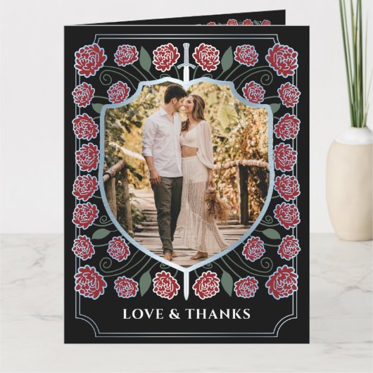 Zilveren Zwaard Schild Fantasy Monogram Huwelijk Bedankkaart (Voorkant)